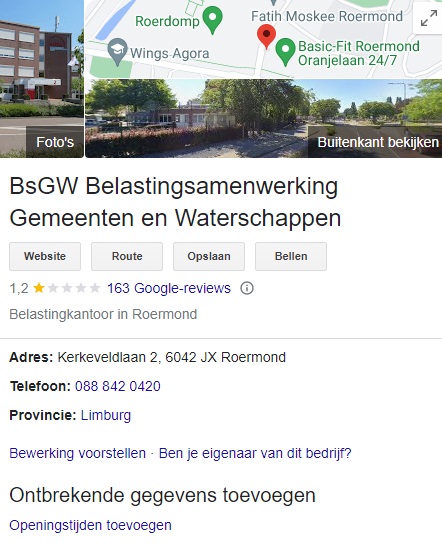 Afbeelding van de locatie van BsGW (Belastingsamenwerking Gemeenten en Waterschappen) met het adres en de openingstijden.